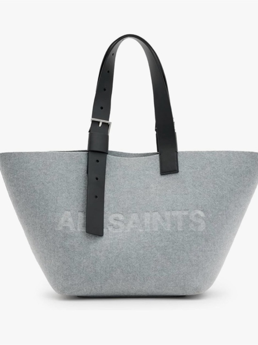 NWOT ALLSAINTS ANIK Light Grey Felt Tote with Black Leather Adjustable Straps